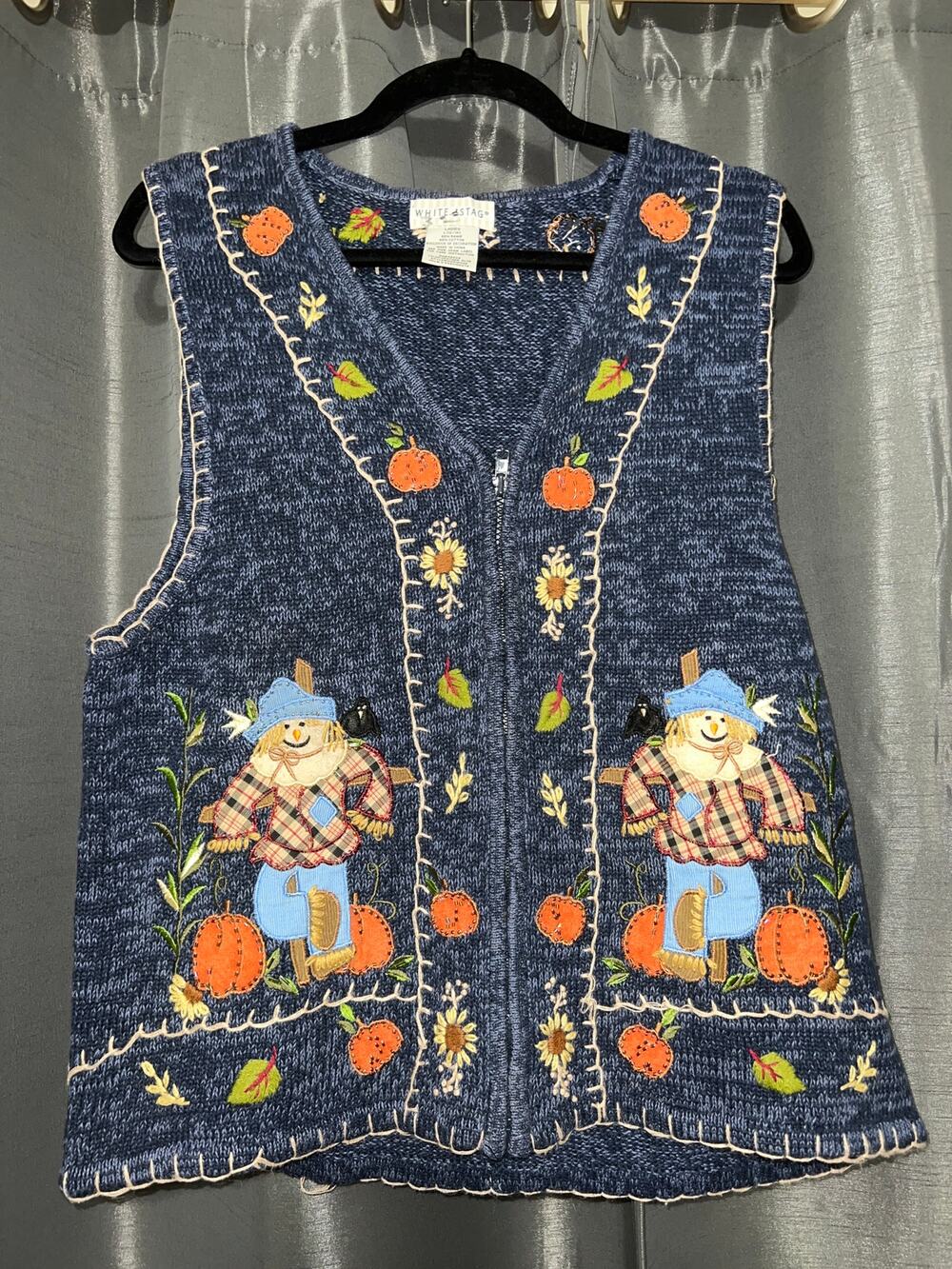 Ugly Halloween Sweater Vest Vintage Fall Pumpkins Scarecrow Size Large